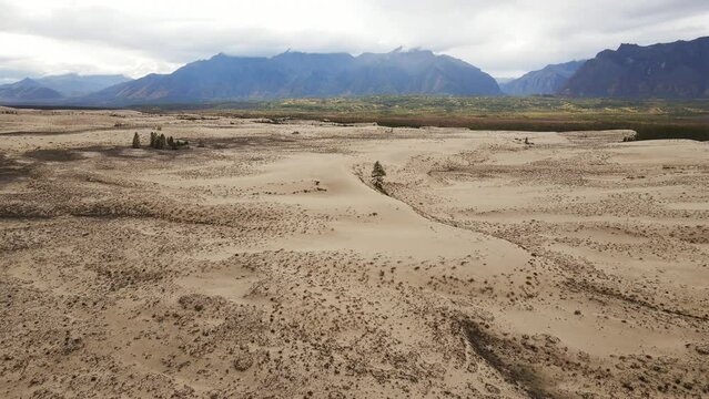 The Chara Sands is a tract, which is a sandy massif, in the Kalarsky district of the Trans-Baikal Territory. Russia. Drone view. Geological natural monument of geomorphological type.