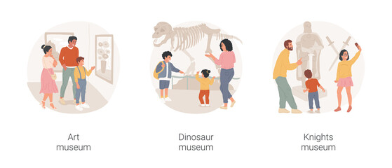Family museum visit isolated cartoon vector illustration set. Going to art gallery, family in front of painting, visit dinosaur exhibition, natural history, knight history museum vector cartoon.