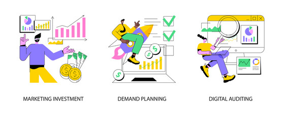 Marketing accounting abstract concept vector illustration set. Marketing investment, demand planning, digital auditing, business plan, finance management, digital sales, revenue abstract metaphor.