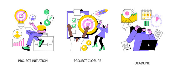 Project lifecycle abstract concept vector illustration set. Project initiation and closure, deadline, documentation, business analysis, stakeholder approval, work time, due date abstract metaphor. - obrazy, fototapety, plakaty