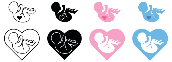 Baby Fetus in a Heart Clipart Set - Outline, Silhouette and Color