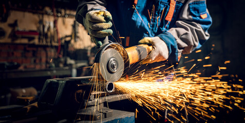 Locksmith in special clothes and goggles works in production. Metal processing with angle grinder. Sparks in metalworking - obrazy, fototapety, plakaty