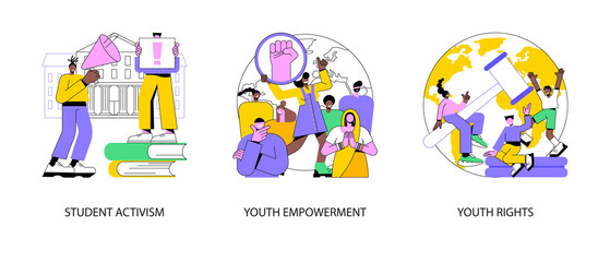 Social movement abstract concept vector illustration set. Student activism, youth empowerment, young people rights protection, age of majority, democracy building, take action abstract metaphor.