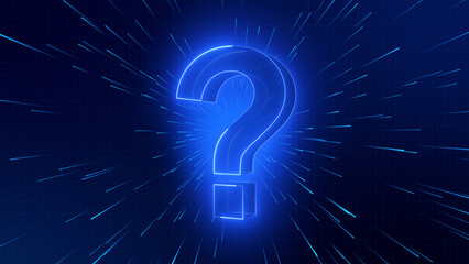 Big digital question mark illustration. High tech 3D big sign for doubts ask confusing questions. Cyberspace blue theme with particles. 