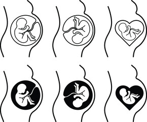 Diagram of Pregnant Woman & Infant Clipart Set - Outline and Silhouette
