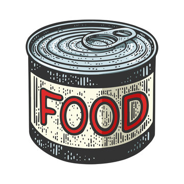 canned food tin color sketch engraving raster illustration. T-shirt apparel print design. Scratch board imitation. Black and white hand drawn image.