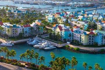 Harborside Villas aerial view at Nassau Harbour with Nassau downtown at the background, from...