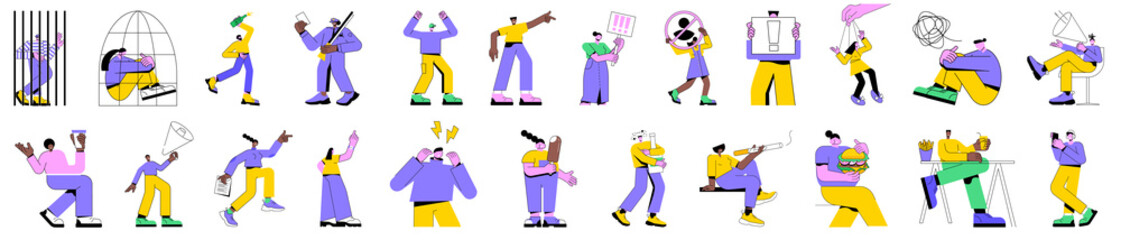 Colorful linear vector isolated illustration set of stressed and addicted people. Alcoholism and smoking, drug and fast food addiction, physical abuse, obesity men women, imprisonment and harassment.