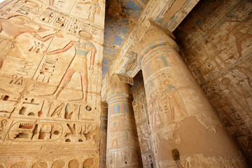 Decorations in the peristyle hall of the Mortuary Temple of Ramesses III of Medinet Habu, Luxor,...