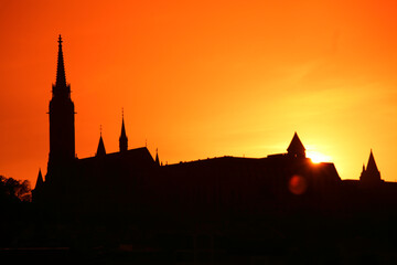 Fototapeta na wymiar Budapest skyline with Matthias Church silhouette, Budapest, Hungary