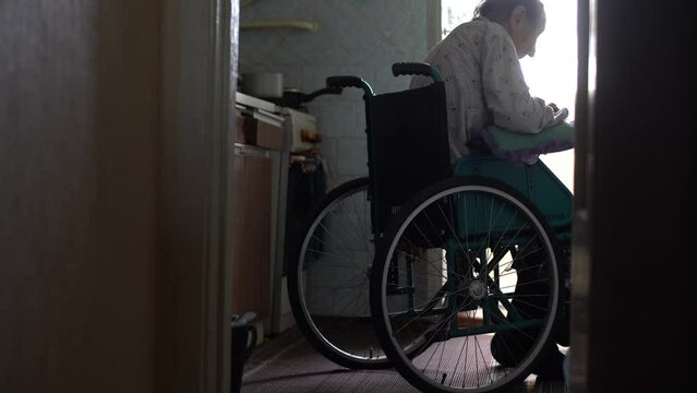 Old lonely woman sitting in a wheelchair near the window in his house