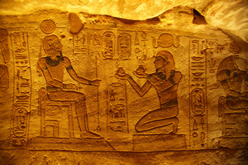 Hieroglyphs at Abu Simbel showing Nefertari, Aswan, Egypt