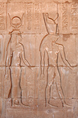 Inscriptions on the main entrance of Horus temple in Edfu, Egypt