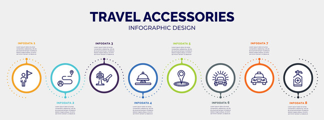 infographic for travel accessories concept. vector infographic template with icons and 8 option or steps. included tourist guide, journey, airport, hotel bell ringing, place point, car in front of