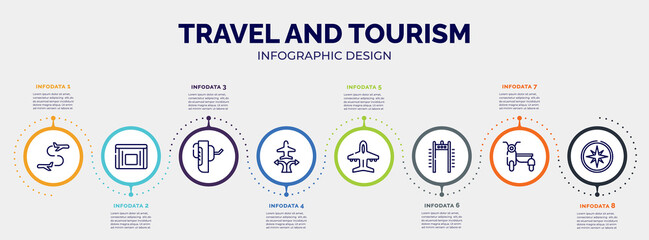 infographic for travel and tourism concept. vector infographic template with icons and 8 option or steps. included flight transfer, sick bag, breathalyzer, airplanes and arrows, plane diagonal,