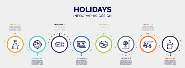Obraz premium infographic for holidays concept. vector infographic template with icons and 8 option or steps. included airport worker, airplanes on radar, boarding card, beach postcard, nursing room,
