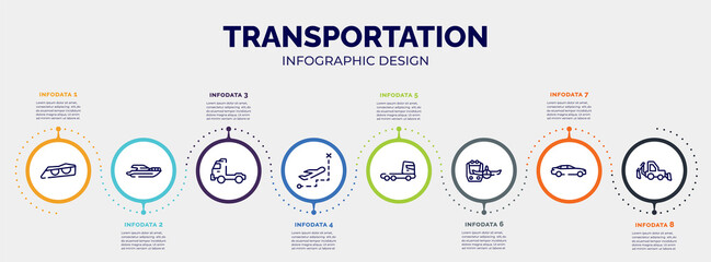 infographic for transportation concept. vector infographic template with icons and 8 option or steps. included car lights, yacht side view, pickup truck side view, direct flight, truck cabin side