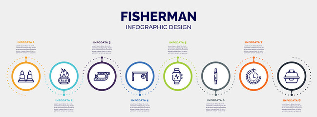 infographic for fisherman concept. vector infographic template with icons and 8 option or steps. included munition, calories, race track, football goal, pulsometer, fitness watch, routine, tackle