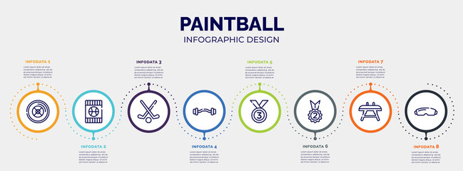 infographic for paintball concept. vector infographic template with icons and 8 option or steps. included weight plates, blue card, field hockey, ez bar, bronze, second place, vaulting horse, goggle