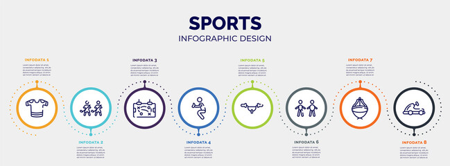 Fototapeta na wymiar infographic for sports concept. vector infographic template with icons and 8 option or steps. included t-shirts, home team, tactic, catcher, handlebar, body mass index, asian hat, go kart editable