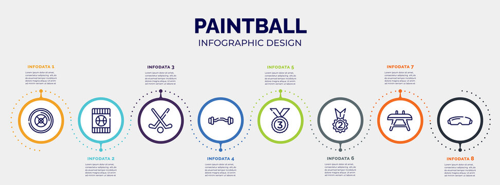 Infographic For Paintball Concept. Vector Infographic Template With Icons And 8 Option Or Steps. Included Weight Plates, Blue Card, Field Hockey, Ez Bar, Bronze, Second Place, Vaulting Horse, Goggle