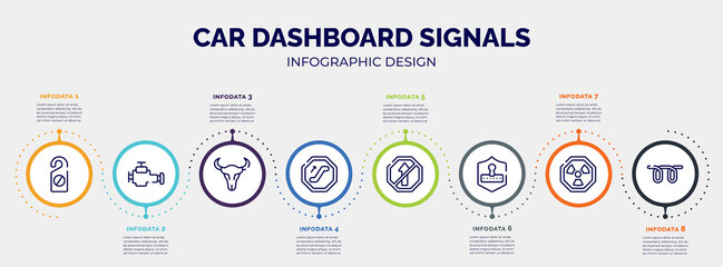 infographic for car dashboard signals concept. vector infographic template with icons and 8 option or steps. included do not disturbe, malfunction indicador, skull of a bull, or, no straight, safety