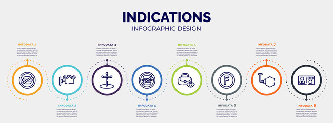 Fototapeta na wymiar infographic for indications concept. vector infographic template with icons and 8 option or steps. included not allowed snacks, decorative, cross stuck in ground, food not allowed, null, petroleum