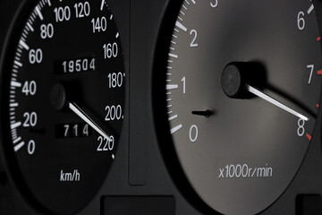 tachometer in car dashboard in red sphere 