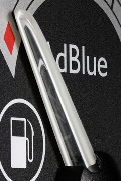 WIEHL, GERMANY - APRIL 24, 2022: AdBlue fuel gauge in truck dashboard - empty. AdBlue is a registered the trademark of the German Association of the Automotive Industry (VDA).