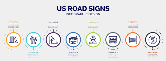 Fototapeta na wymiar infographic for us road signs concept. vector infographic template with icons and 8 option or steps. included three books, father and child, ascending stairs, big stadium, parking worker, bed, zebra