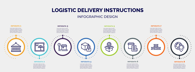infographic for logistic delivery instructions concept. vector infographic template with icons and 8 option or steps. included lift package, box, weighting, locked pack, package checking, delivery