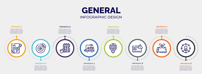 infographic for general concept. vector infographic template with icons and 8 option or steps. included copywriting, disk brake, annual fee, electro car, fintech innovation, credit risk, ar