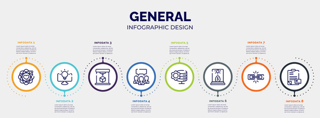 infographic for general concept. vector infographic template with icons and 8 option or steps. included core values, business intelligence, 3d printing, group opinion, data engineering, business - obrazy, fototapety, plakaty