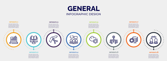 infographic for general concept. vector infographic template with icons and 8 option or steps. included info chart, distance learning, inauguration, brand engagement, cloud service, classification,