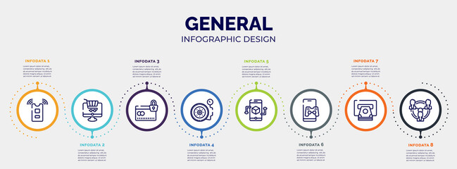 infographic for general concept. vector infographic template with icons and 8 option or steps. included active sensor, ecommerce platform, credit limit, inflate tire, ar app, in-game advertising,