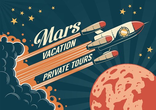 Rocketship takes off - retro poster. Rocket launches to Mars - vintage poster. Vector illustration.