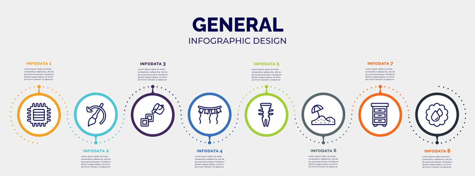 infographic for general concept. vector infographic template with icons and 8 option or steps. included patch crop, brush history, live paint, party decoration, dyupel, sand, office cabinet, save