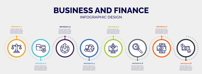 infographic for business and finance concept. vector infographic template with icons and 8 option or steps. included justice balance, folder with plus, power variant, user, rocket launch monitor,