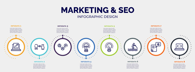 Fototapeta na wymiar infographic for marketing & seo concept. vector infographic template with icons and 8 option or steps. included trending, weight loss, mass media, ecological lightbulb, lightbulb, water ski, wish,