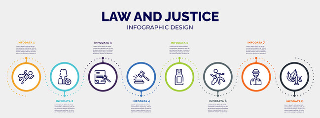 infographic for law and justice concept. vector infographic template with icons and 8 option or steps. included crime scene, attorney, legal paper, case closed, pepper spray, corpse, ,