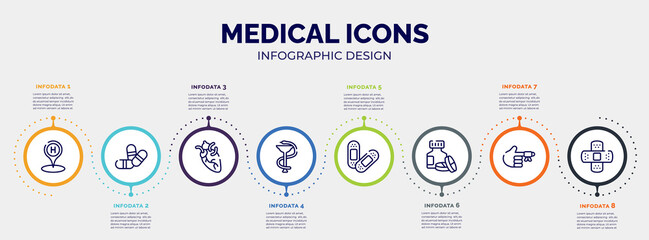 infographic for medical icons concept. vector infographic template with icons and 8 option or steps. included hospital placeholder, two color pill, heart organ, phary, sticking plaster, s, hurted