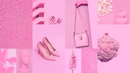 Set of trendy aesthetic photo collages. Minimalistic images of one top color.  Pastel Pink moodboard