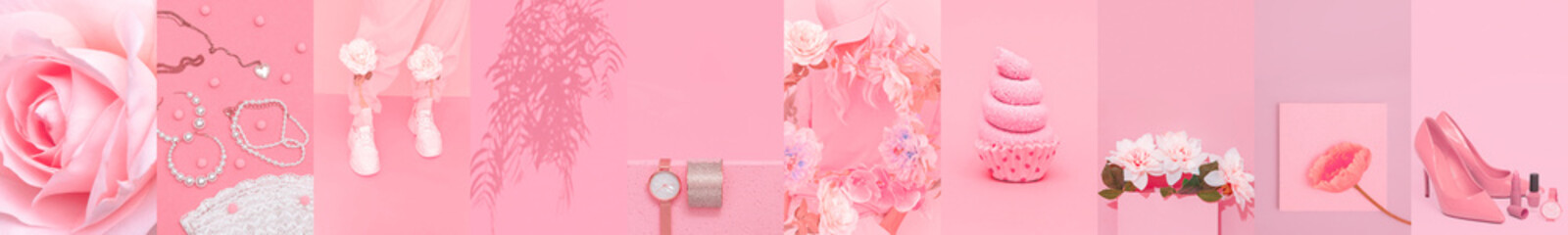 Set of trendy aesthetic photo collages. Minimalistic images of one top color.  Pastel Pink moodboard
