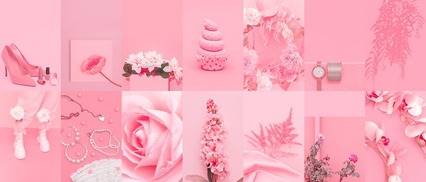 Set of trendy aesthetic photo collages. Minimalistic images of one top color.  Pastel Pink moodboard