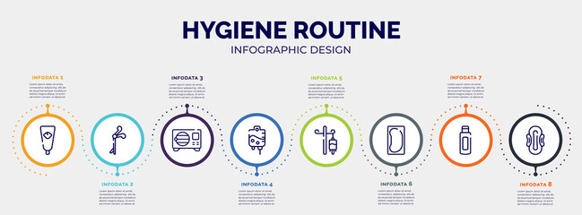 infographic for hygiene routine concept. vector infographic template with icons and 8 option or steps. included baby cream, medical clamp, sterilization, iv, drip, bedpan, body oil, sanitary napkin