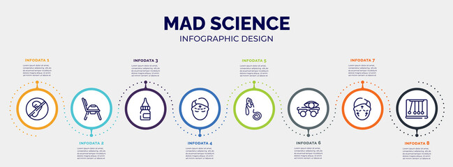 Fototapeta na wymiar infographic for mad science concept. vector infographic template with icons and 8 option or steps. included deaf, potty, drop medicine, forehead, oxygen mask, optometrist, aesthetic, momentum