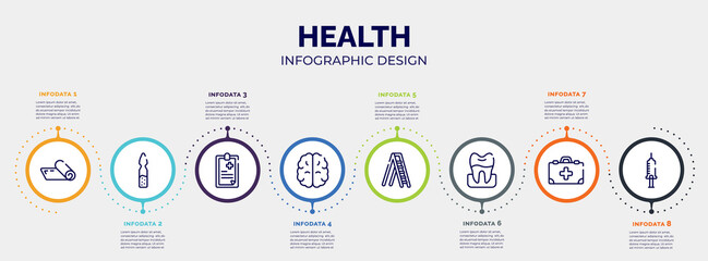 infographic for health concept. vector infographic template with icons and 8 option or steps. included yoga mat, ampoul, clinic history, brain upper view, mechanical ladder, premolar, medicine kit