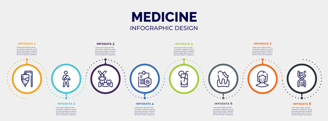 infographic for medicine concept. vector infographic template with icons and 8 option or steps. included medicine hanging bag, wounded man, extraction, medical insurance, fresh soda glass, decay,