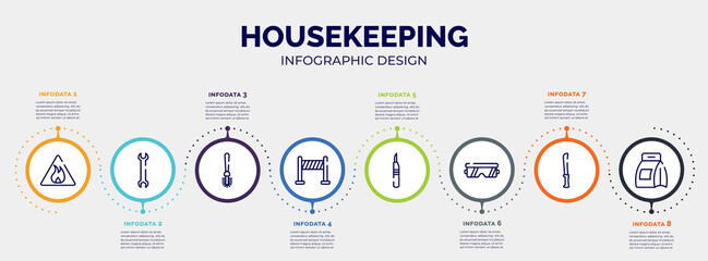 infographic for housekeeping concept. vector infographic template with icons and 8 option or steps. included inflamable, big double wrench, toilet brush, road panel, leather cutter, protection