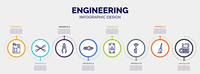 infographic for engineering concept. vector infographic template with icons and 8 option or steps. included gasoline, lug wrench, repair pliers, spark plug, switch on, antique key, cleaning mop,